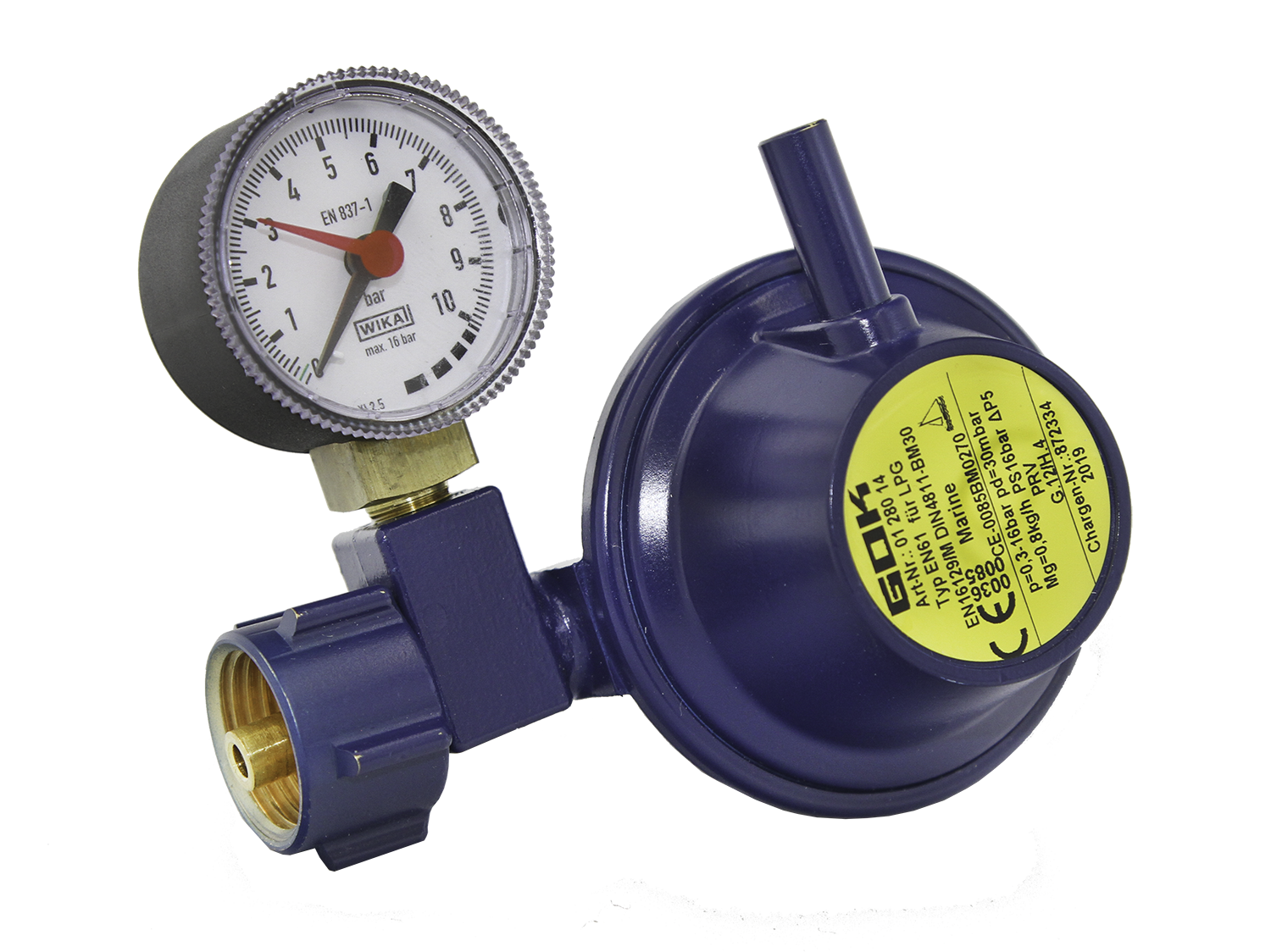 Reduktor GOK, morski MARINE 30 mbar 1,5 kg/h, 90^ z manometrem